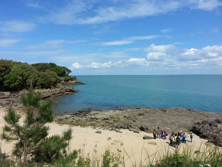 Groupe sur plage rocheuse, ciel bleu décroissant
